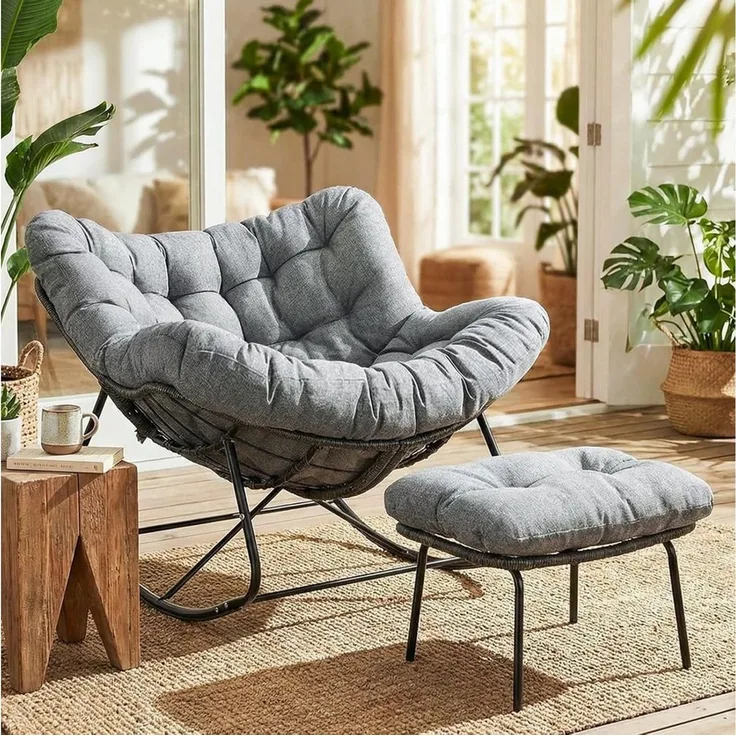 TLGREEN Schaukelstuhl Eiförmiger Rattanschaukelstuhl mit Fußhocker-Set, (Schaukelsessel Oversized, wetterfeste, mit dickem Abnehmbar Polster), Belastung von 150kg, Loungesessel für Garten Balkon Wohnzimmer