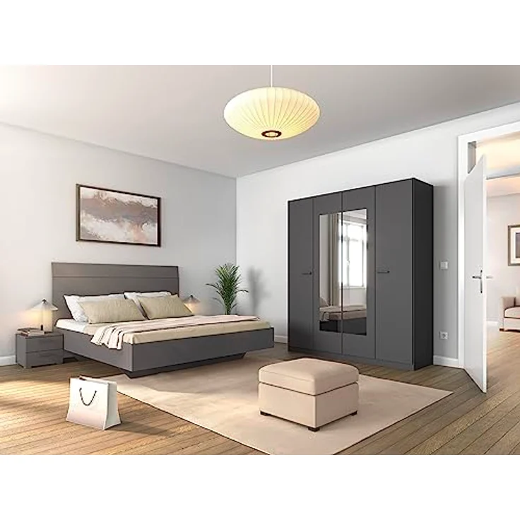 Rauch Möbel Florenz Schlafzimmer, Grau metallic, Schwarz, bestehend aus Bett mit Liegefläche 160x200 cm inklusive 2 Nachttische und Drehtürenschrank mit Spiegel BxHxT 181 x 210 x 54 cm – Bild 3