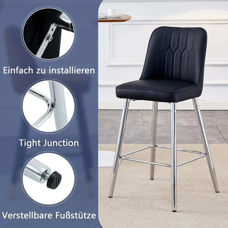 2er-Set Barhocker, 100 cm hoch, schwarzes PU-Leder mit silberfarbenem Metallgestell und bequemer Fußraste, In mehreren Farben erhältlich – die ideale Wahl für Ihre Hausbar.--Schwarz+Silber--42x45x100cm--YOUDENOVA – Bild 7