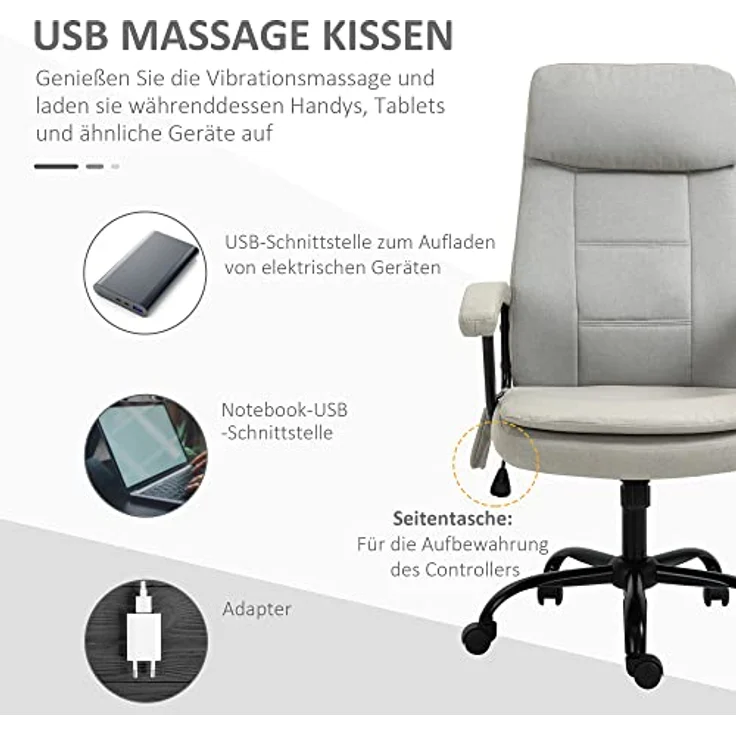 Vinsetto Massage-Bürostuhl, Beige, ergonomisch mit atmungsaktivem Webstoff und höhenverstellbar, Drehstuhl für Arbeitszimmer – Bild 4