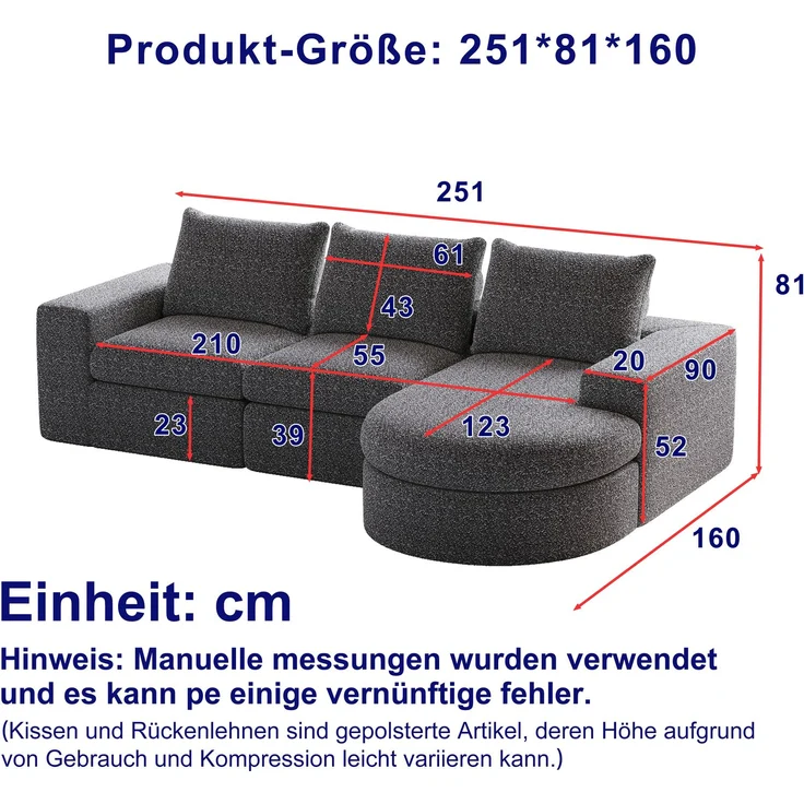 Modulares Sofa H 81 x T 251 x B 160 cm aus Chenille in Grau mit verstellbarer Chaiselongue – Bild 5