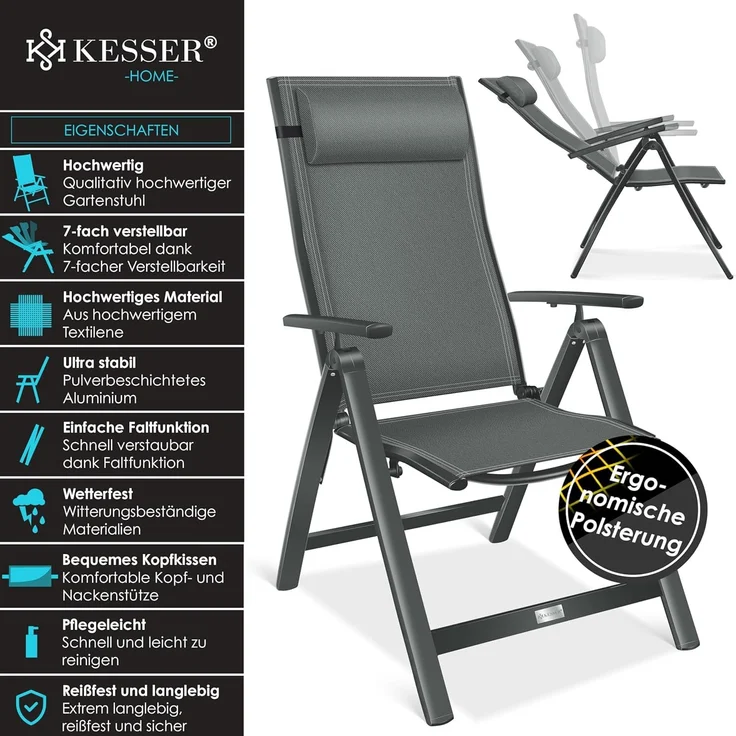 KESSER® Gartenstuhl Hochlehner mit Armlehnen | Aluminium Klappstuhl inkl. Kopfkissen Campingstuhl 7-Fach Verstellbar Rückenlehne | Atmungsaktiv & Wetterfest | Klappbar & Anti-Rutsch Anthrazit, 1 Stück – Bild 4