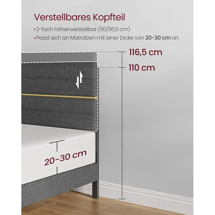 VASAGLE Doppelbettgestell, Bettgestell, passend für 140 x 200 cm Matratze, verstellbares gepolstertes Kopfteil, Bettrahmen, Metall, Massivholz – Bild 7
