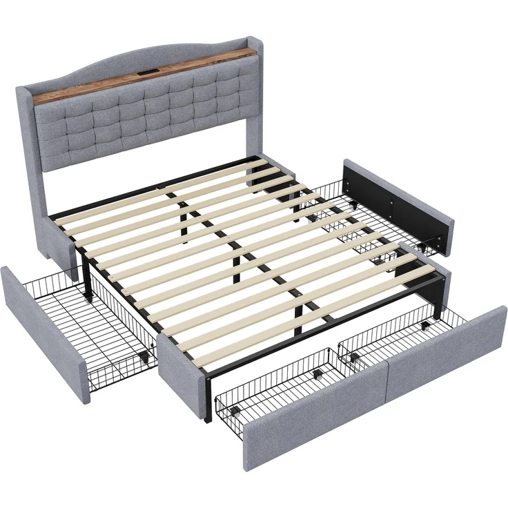 Polsterbett 140*200 cm, Nachttisch mit USB-Ladeanschluss und Ablage, Doppelflachbett mit 4 Schubladen, Leinenstoff Grau – Bild 7