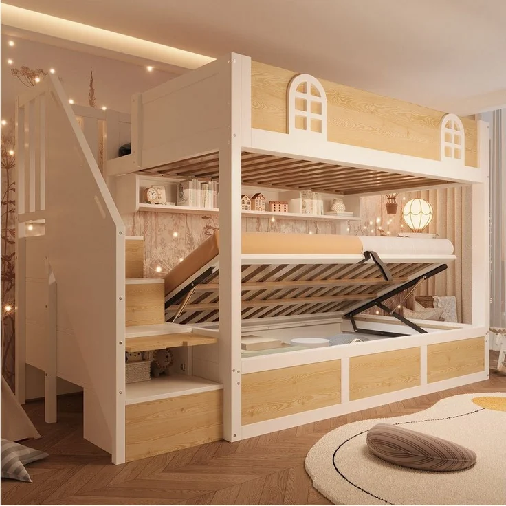 MODFU Hochbett Sicheres Etagenbett mit Rausfallschutz & Treppenschrank (1-St, Aus robustem Holz für ein stabiles und langlebiges Kinderzimmer) Zwei Einzelbetten à 90x200 cm, inkl. Lattenroste(ohne Matratze) – Bild 2