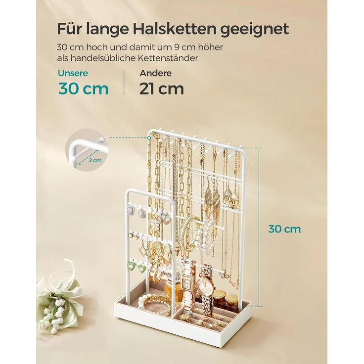 SONGMICS Schmuckständer, Schmuckhalter, Metallrahmen, Schmucktablett Samt, Schmuckaufbewahrung für Halsketten Armbänder Ohrringe Ohrstecker Ringe, Geschenkidee, Weihnachten, weiß JJSDE021W01V1 – Bild 7