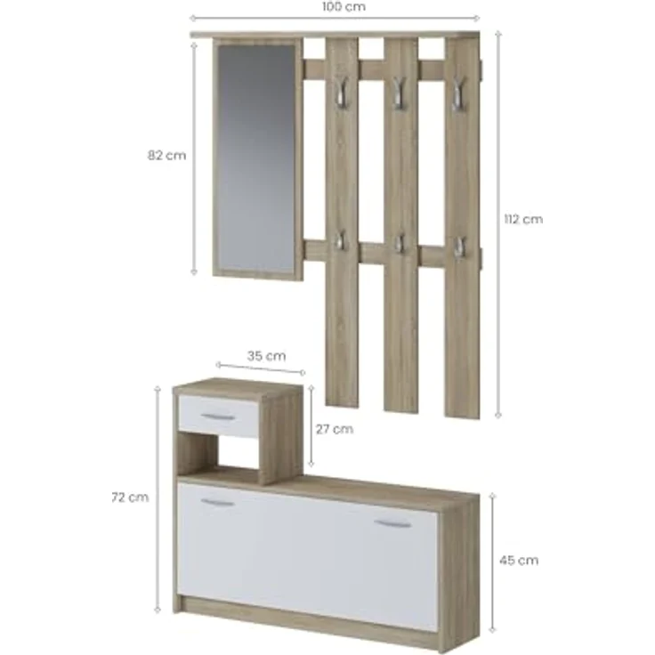 Dmora - Eingangsmöbel Clint, Moderner Eingangsbereich mit Spiegel, Schrank mit Schuhregal, Multifunktionsschrank, 100x25h180 cm, Weiß und Braun – Bild 4