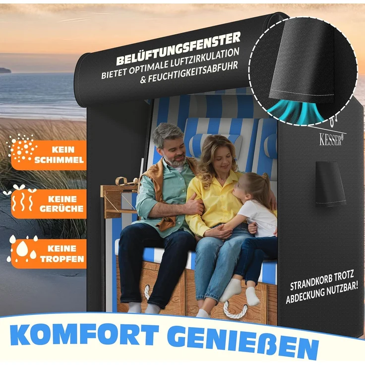 KESSER® Premium Strandkorb Schutzhülle mit Belüftungsöffnungen, Strandkorbhülle Wasserdicht, Winterfest UV-Beständiges, Schwerlast Reißfest 600D Oxford Gewebe Abdeckung (135x100x160/150cm) Schwarz, 135cm – Bild 5