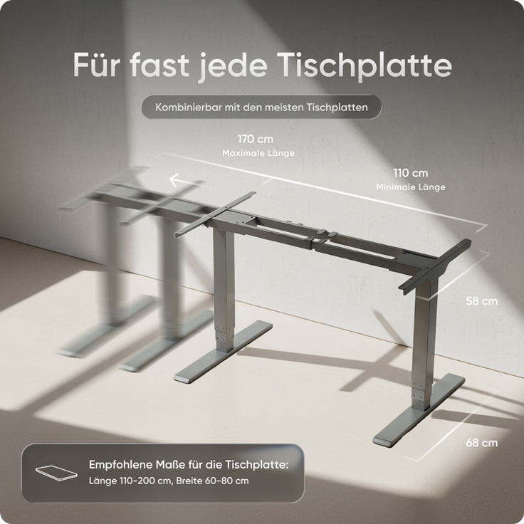 DESKSPACE PRO Plus Höhenverstellbarer Schreibtisch Gestell - Dual-Motor Tischgestell, Elektrisches Tischgestell mit Memory Funktion (Grau) – Bild 8