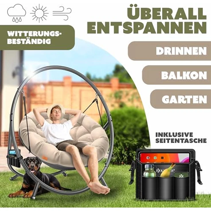 KESSER® Hängesessel mit Gestell BALI Hängeschaukel Hängestuhl bis 150kg für Indoor und Outdoor + Kissen & Seitentasche Hängekorb Stahlgestell & Schaumstoff Sitzpolster ideal für Wohnzimmer & Garten Beige – Bild 5