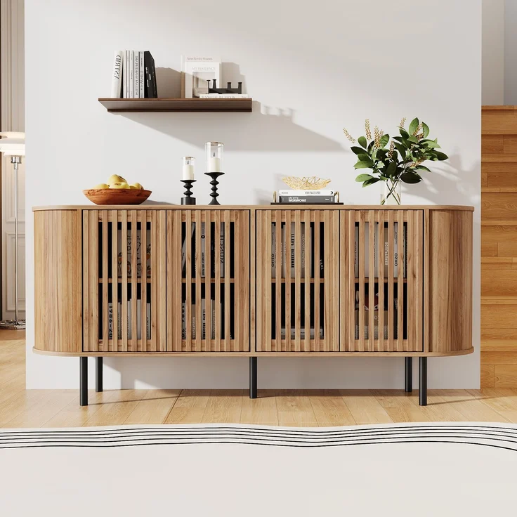 Merax 160x40x70cm Sideboard aus MDF mit 4 perforierten Schiebetüren, Kommode mit verstellbaren Einlegeböden und stabilen Metallbeinen, Wohnzimmer Buffet-Schrank, Naturholzfarbe – Bild 1
