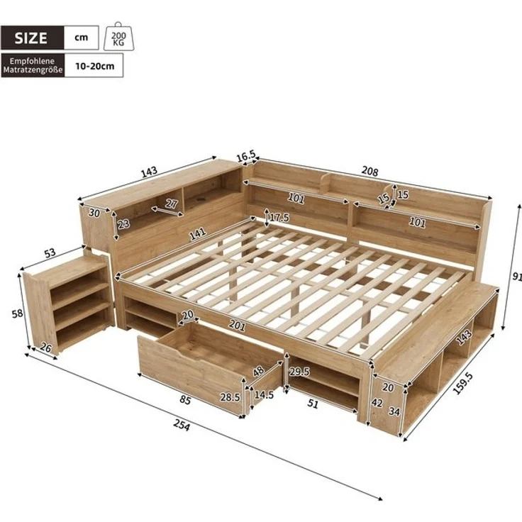 STILVORA Holzbett 140x200 mit Schublade,Jugendbett Stauraumbett mit Lattenrost&Matratze (Stauraumbett, Kinderbett, 1-tlg, 140*200 cm, ohne Matratze), mit ausziehbarer Nachttisch Schubladen, Regal und Stauschrank – Bild 4