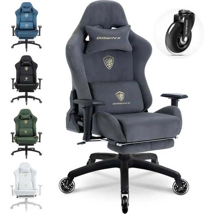 Dowinx Gaming Stuhl,Ergonomischer Wildlederimitat Gamer Chair,Gaming Sessel,Verstellbar Fußstütze und 3D Armlehnen,200KG Tragkraft Bürostuhl mit Geräuschlose Rollen,Schreibtischstuhl,Grau – Bild 1