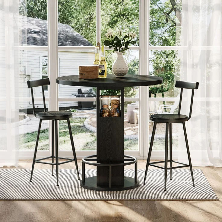 3-teiliges Bar-Tisch- und Hocker-Set 31,5-Zoll-Rundtisch mit zwei Hockern Holz-Esstisch mit ringförmiger Fußstütze aus Metall Geeignet für Esszimmer, Cafés, Bars, Wohnzimmer usw, Schwarz--Schwarz--80x80x91.5cm--YOUDENOVA – Bild 3