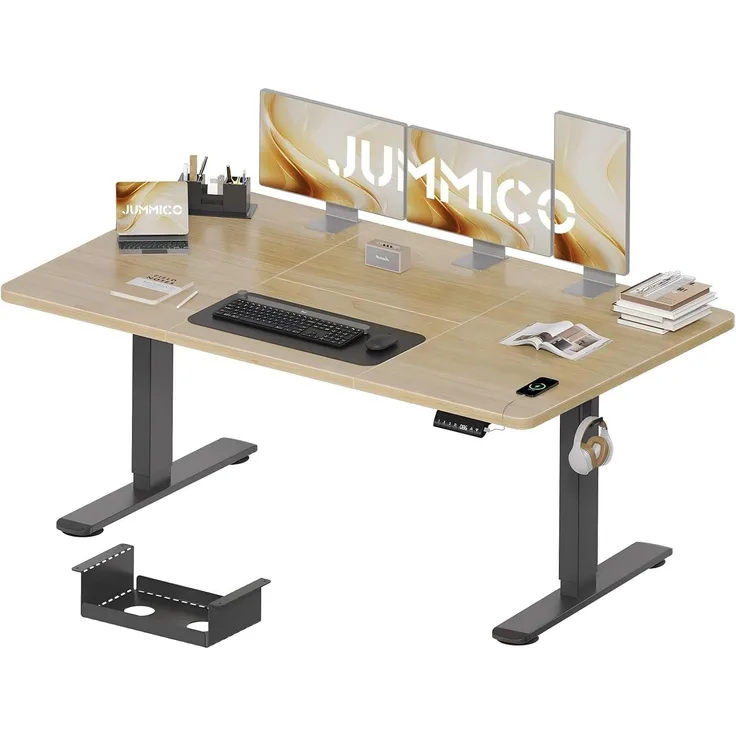 JUMMICO Schreibtisch elektrisch höhenverstellbar mit Kabelwanne & USB-Buchse, Beige, 160x80 cm