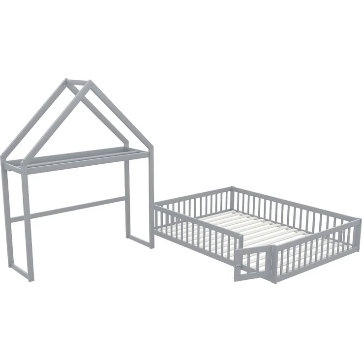 Kinderbett 140 x 200, Kinderbettgestell aus Massivholz mit Stauraum, Vollschutzgitter und Türen und Lattenrost, Grau – Bild 8