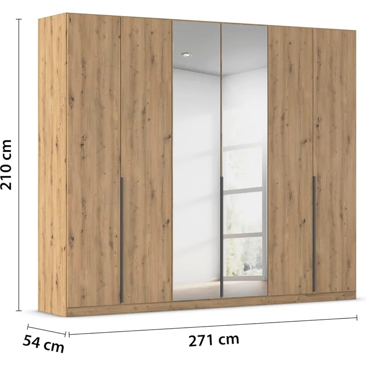 Rauch Möbel Alabama, Kleiderschrank, Garderobenschrank, 6-türig, Spiegel, Zubehör Classic, 3 Kleiderstangen, 6 Einlegeböden, Farbe Eiche Artisan, Holz, Griff Grau metallic, 271 x 210 x 54 cm – Bild 3