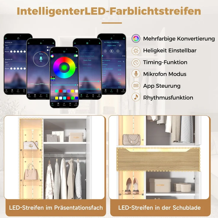 Kleiderschrank B 75 x T 50 x H 200 cm aus MDF mit LED-Glasvitrine – Bild 8