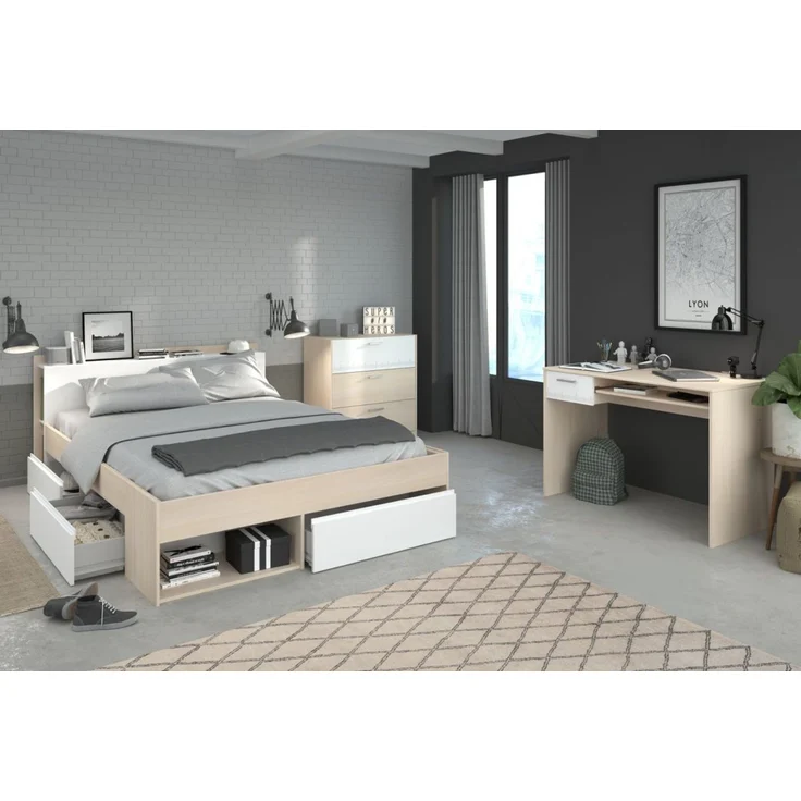 Parisot Jugendzimmer Set "Toms" in Akazie und weiß Komplettzimmer mit Stauraumbett, Kommode und Schreibtisch – Bild 5