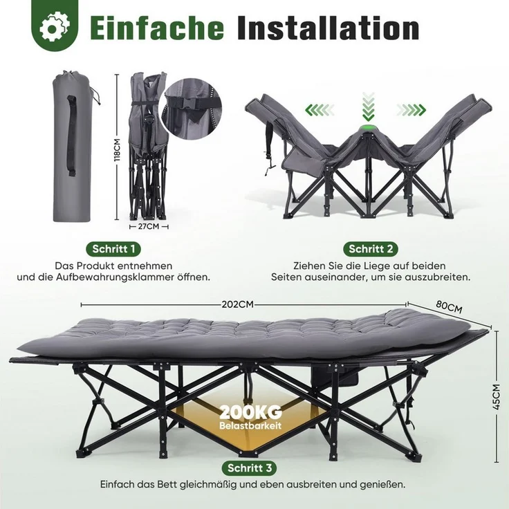 Sekey Klappbett 202 x 80 cm Extra Breit Feldbett XXL Campingbett Klappbar mit Matratze Faltbares Klappbett mit Seitentasche, 600D Oxford-Gewebe, bis 200 kg – Bild 4