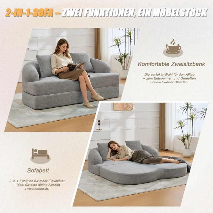 ZUBALIYA Schlafsofa 84x65 cm, mit LED - Beleuchtung, mit Chenille - Bezug, modular aufgebaut, mit Schaumstoffpolsterung, Hellgrau – Bild 4