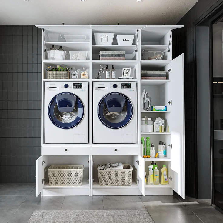 Roomart Schrankwand für Waschküche & Hauswirtschaftsraum – SERIE 1 – 179 cm breit – mit Ausziehbrett – Waschmaschinenschrank & Stauraumlösung • Weiß – Bild 4