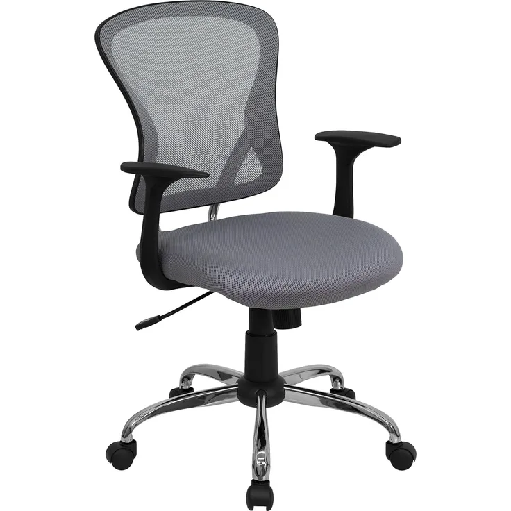 Flash Furniture Alfred Bürostuhl mit mittelhoher Rückenlehne, Netzstoff, Drehstuhl mit Chromfuß und Armlehnen, Grau
