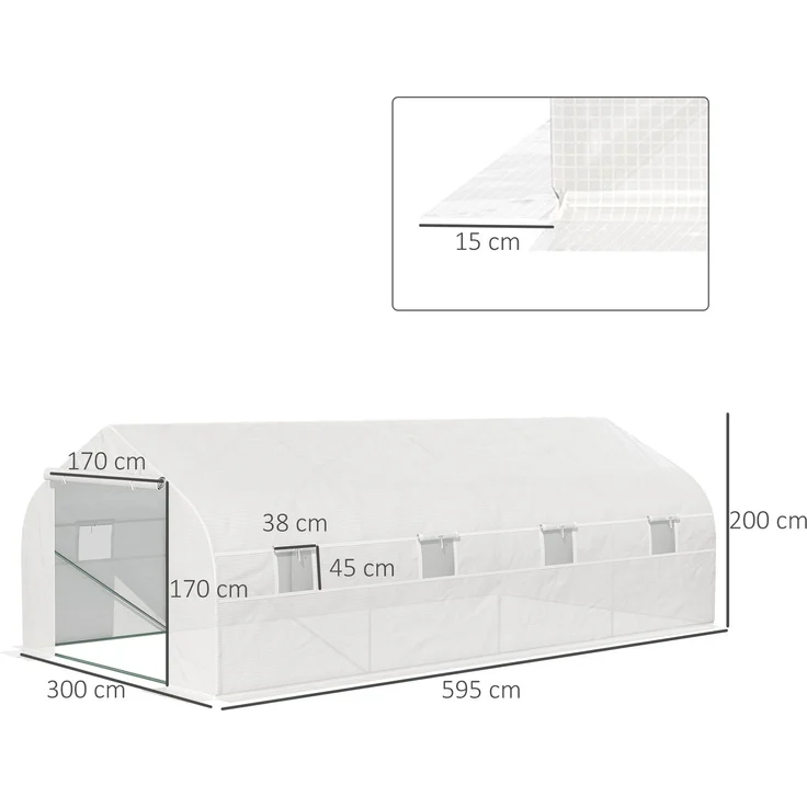 Wohnora-18 m² großes Gartentunnel-Gewächshaus, Maße 5,95 m (L) x 3 m (B) x 2 m (H), Tür + 8 Rollofenster, verzinkter Stahl, hochdichte PE-Folie, weiß,H 2000cm x T 1550cm x B 3000cm – Bild 4