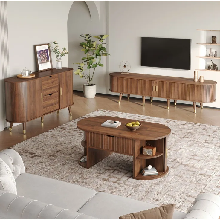 3-teiliges Wohnzimmerset 175cm×38cm×45cm – Couchtisch mit Hubplatte, TV-Schrank und Sideboard in Nussbaum