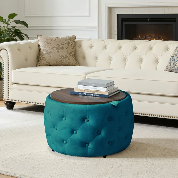 Hocker-Set 59,6x59,6x38 cm aus blauem Samt mit Stauraum und Holztablett – Bild 4