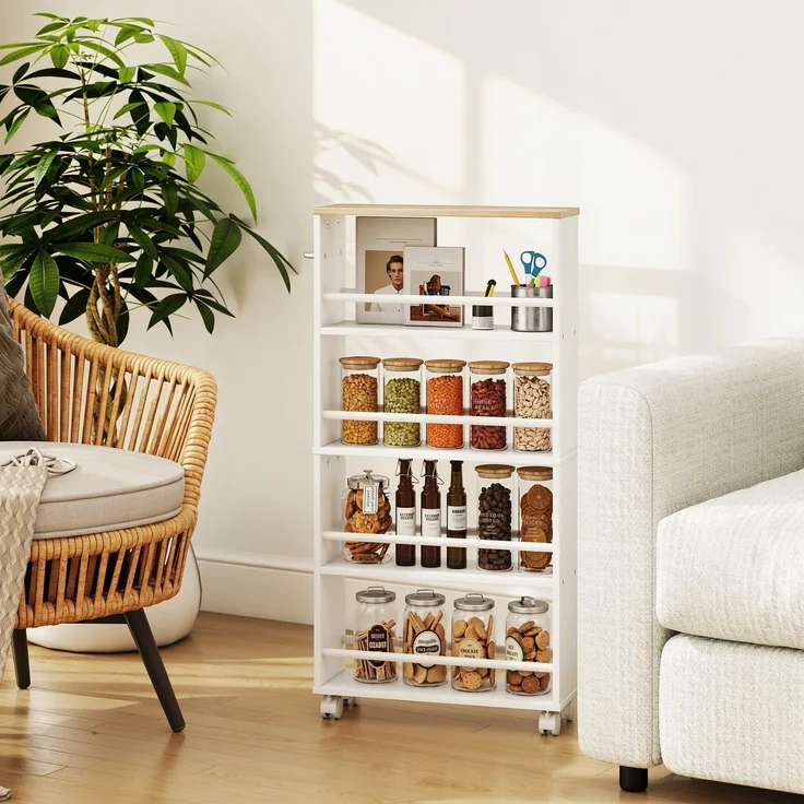 Multifunktionsregal mit Rollen, schmale Bauweise, 4 Fächer, 45x15x91 cm, Natur--Naturholz--45x15x91cm--YOUDENOVA – Bild 9