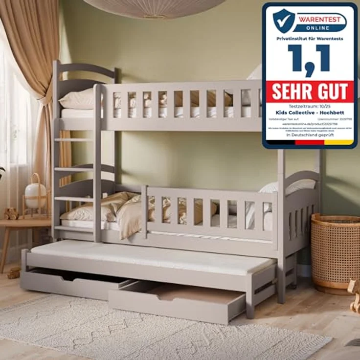Kids Collective Etagenbett Hochbett Stockbett Kinderbett 90x200 cm mit Ausziehbett und Schubladen (mit drei Matratzen inklusive), Umbaubar zu 3 Einzelbetten mit Lattenrosten & Rausfallschutz, Kaschmir – Bild 4