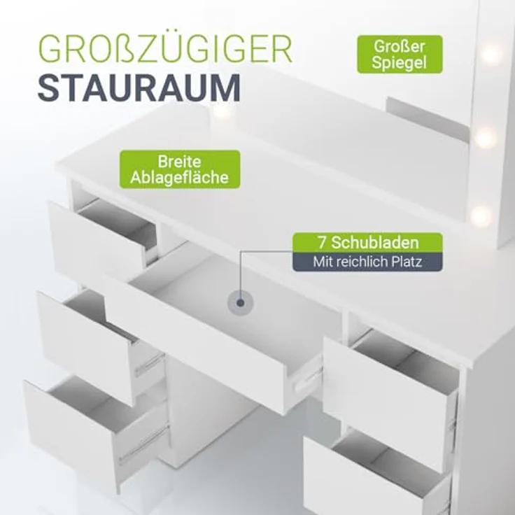 Juskys Schminktisch Talea, Weiß, mit LED-Spiegel, 7 Schubladen, 110x141x40 cm – Bild 4
