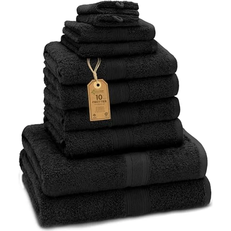 Green Mark Handtuch-Set mit 10 Teilen – 100% Baumwolle – 4 Handtücher 50×100 cm, 2 große Duschtücher 70×140 cm, 2 Gästetücher 30×50 cm und 2 Waschhandschuhe – Schwarz – Bild 2