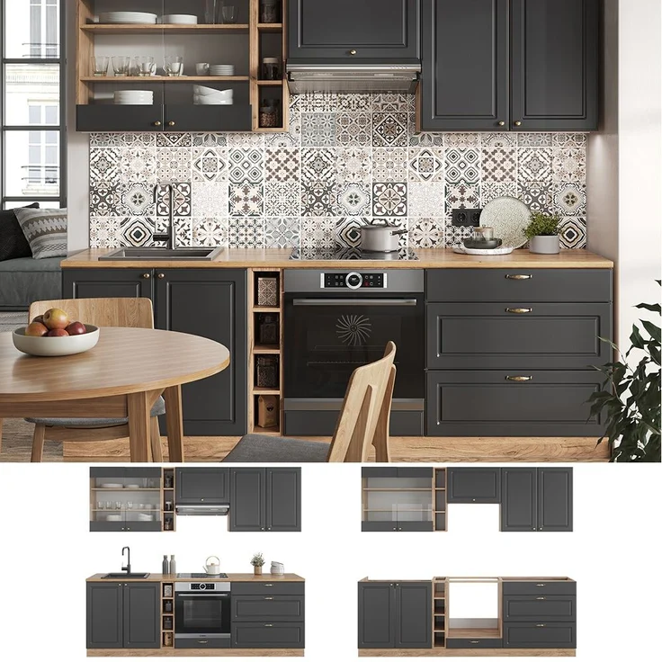 Küchenzeile Fame-Line Anthrazit Landhaus/Goldkraft Eiche 235 cm ohne Arbeitsplatte Vicco – Bild 2