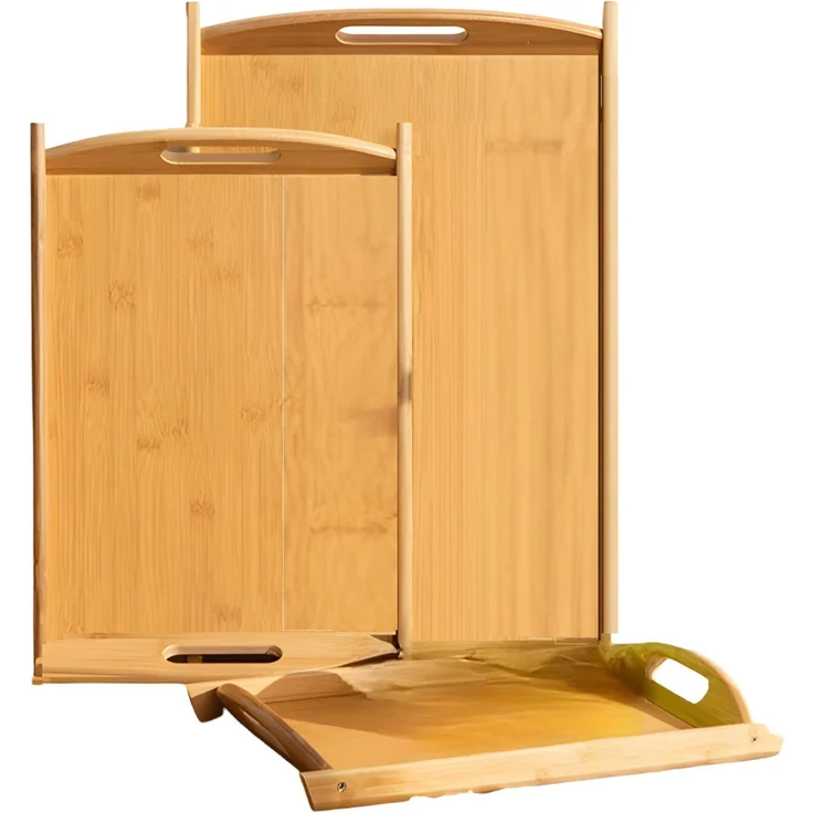 3-tlg. Bambus Tablett Set – Stapelbare Servierbretter mit Griffen – Bild 1