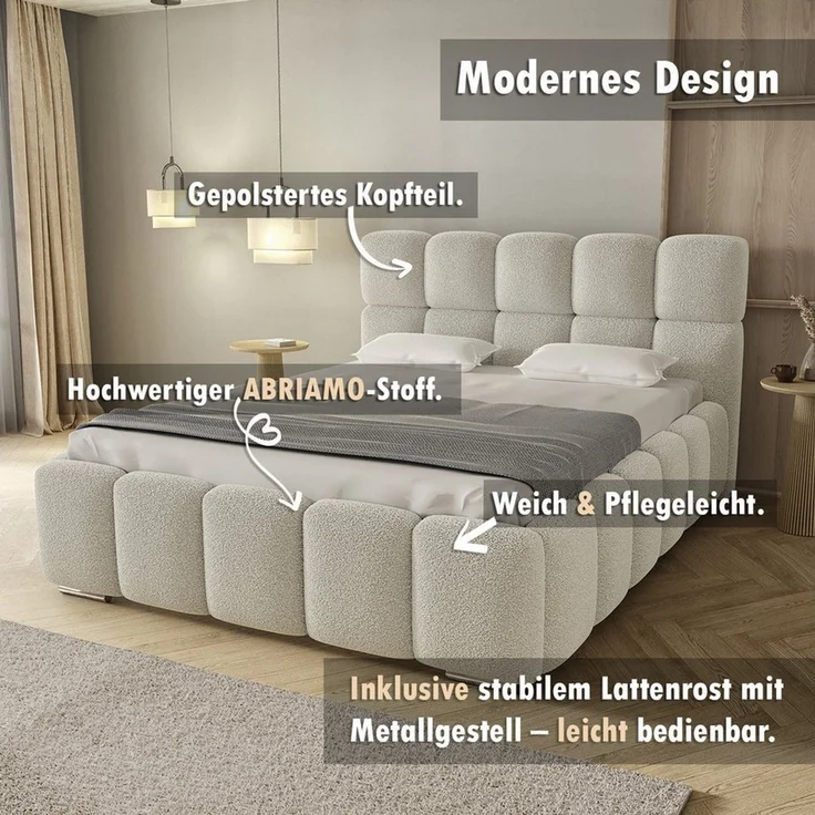 thematys Polsterbett mit Bettkasten & Lattenrost – Stauraumbett 200x200cm, ohne Matratze, Beige – Bild 2