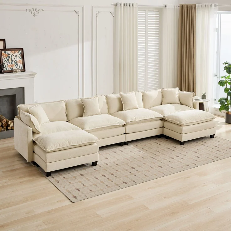 ZUBALIYA Sofa mit LED - Beleuchtung, mit Chenille - Bezug, mit Cordbezug, modular aufgebaut, aus Chenille, Beige – Bild 11