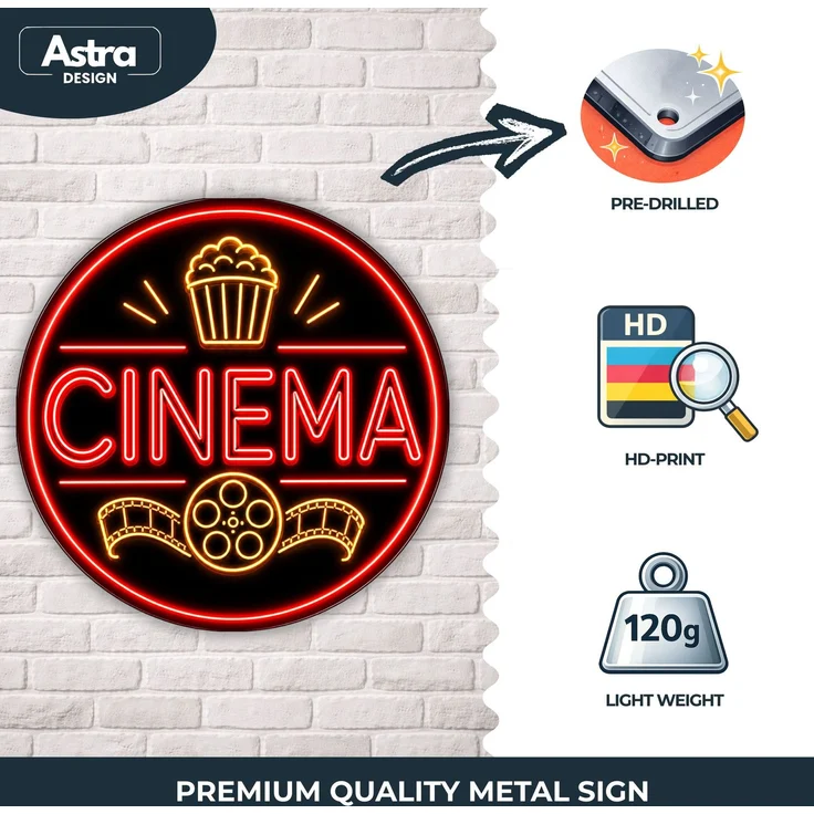 AstraDesign Blechschild Rund 30cm - Cinema Neon Design Heimkino Film Deko – Metall – Mehrfarbig – RD0013 – Bild 3