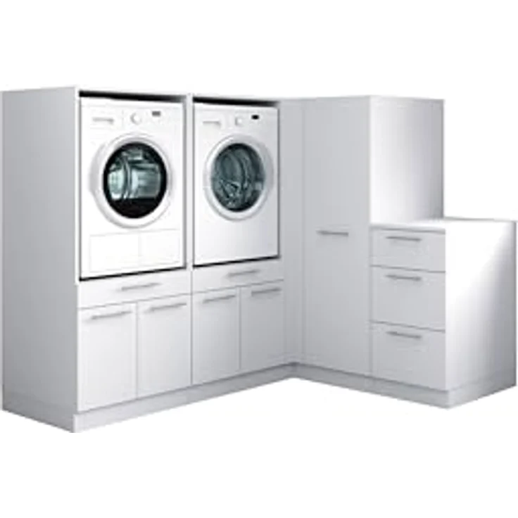 Laundreezy Waschraum Komplett-Set, Weiß - Modulares Schranksystem für Waschküche & Hauswirtschaftsraum - 203 x 162 x 68 cm (B/H/T) – Bild 2