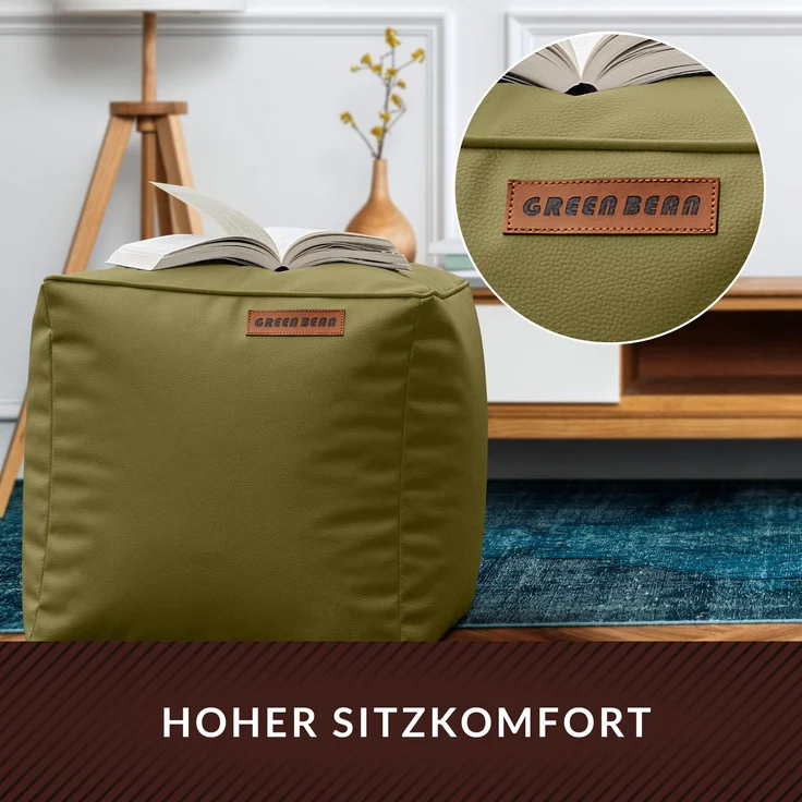 Green Bean® Sitzhocker aus Kunstleder - Pouf mit EPS Perlen Füllung - 40 x 40 cm - perfekte Ergänzung zum Sitzsack - verwelktes Grün – Bild 5