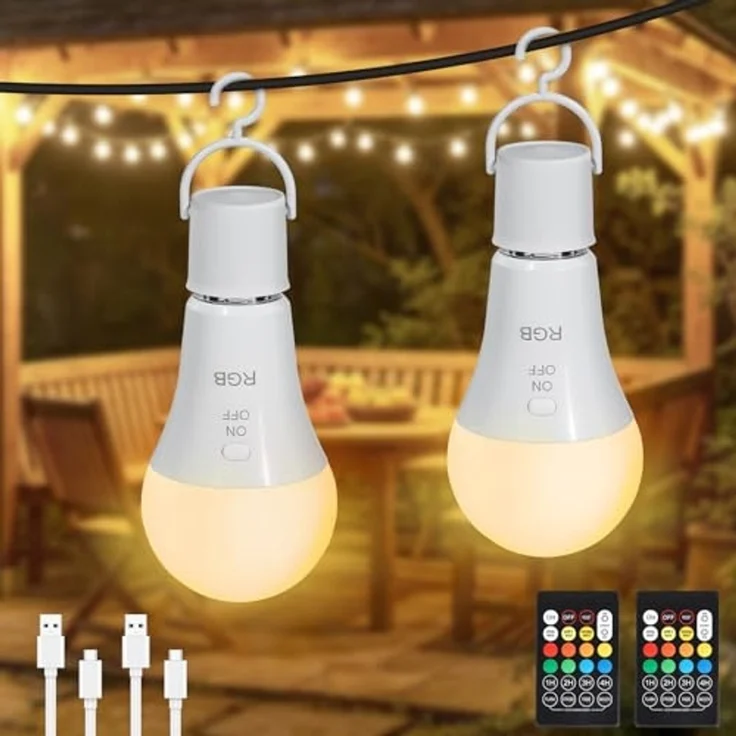 Dehobo Glühbirne Mit Fernbedienung E27 Aufladbare Glühbirne - 7W Glühbirne Mit Batterie Camping Lampe RGB Dimmbare - Akku Lampen Mit Timing Funktion für Weihnachten, Outdoor Lampe 2 Pack – Bild 1