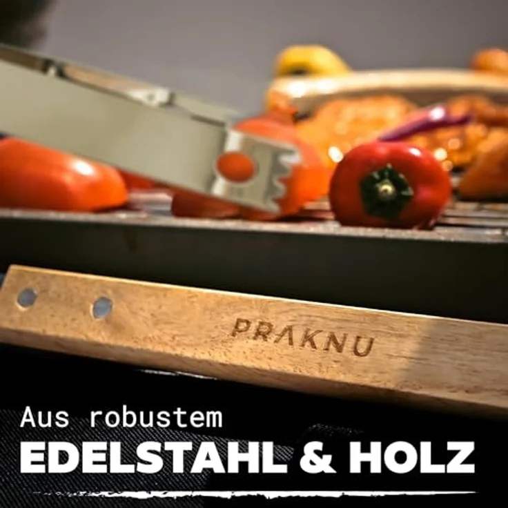 Praknu Grillbesteck-Set mit Holzgriffen und Tragetasche - Hitzebeständig, Rostfrei und Robust, (4-teiliges Set, 4 tlg, 1x Grillzange, Grillwender, Grillgabel, Grillbürste, Tragetasche), Lange Griffe (38cm), Spülmaschinenfest, inkl. Aufbewahrungstasche – Bild 3