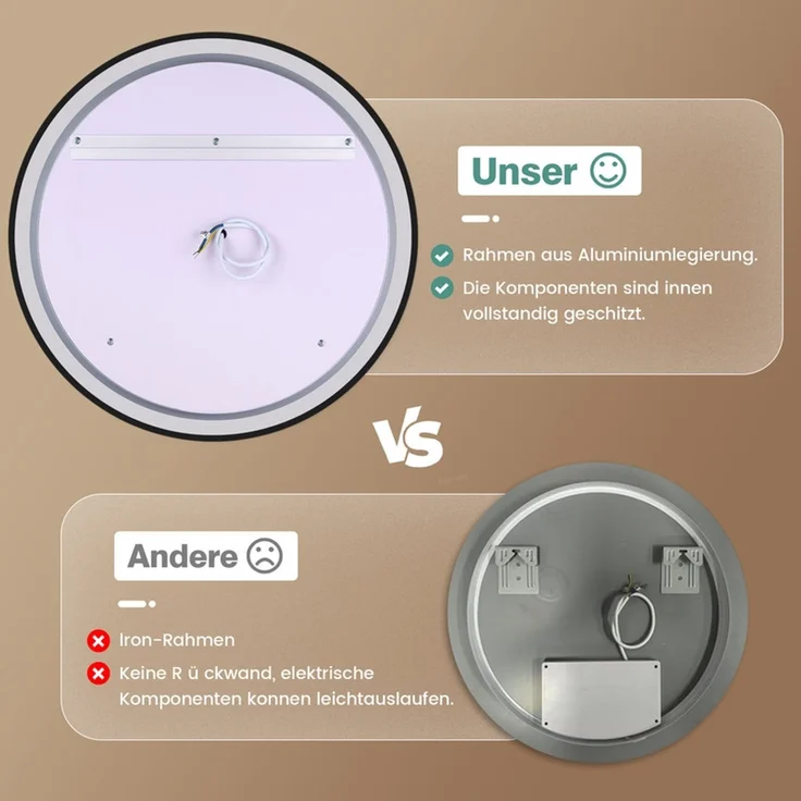 Pesenxan Runder LED Badspiegel Ø 70 cm, dimmbar, 3 Lichtfarben & Antibeschlag, 3-in-1-Touchsteuerung, 24h-Digitaluhr, mattschwarzer Aluminiumrahmen, für Badezimmer, Schwarz – Bild 8