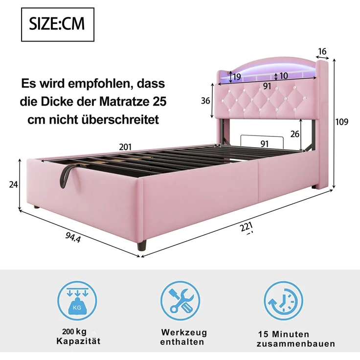 Merax Kinder Polsterbett 90x200, Samt Einzelbett Multifunktionsbett mit Stauraum mit LED und USB Rosa – Bild 4
