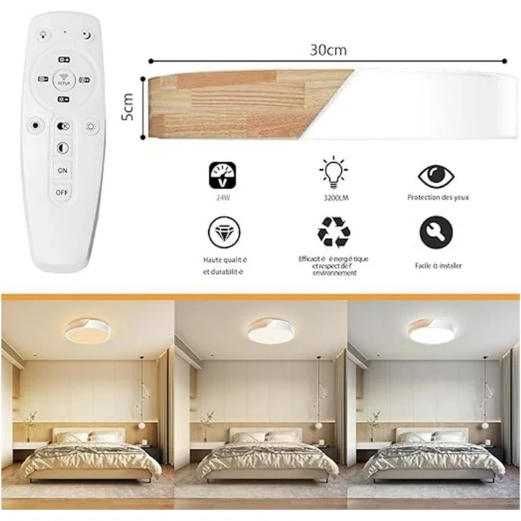 POPOLIC LED Deckenleuchte 24-W-moderne Leuchte, Deckenleuchte Holz, dimmbare Decke 3000k-6000k, ferngesteuerte LED-Deckenleuchte für Wohnzimmer und Flur, 30 cm, Weiß – Bild 3