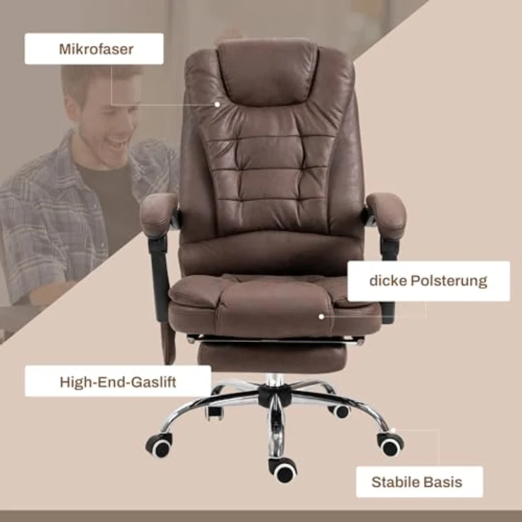 Vinsetto Massage Bürostuhl, mit Wärmefunktion und Höhenverstellung, Mikrofaserstoff, schwarz – Bild 8
