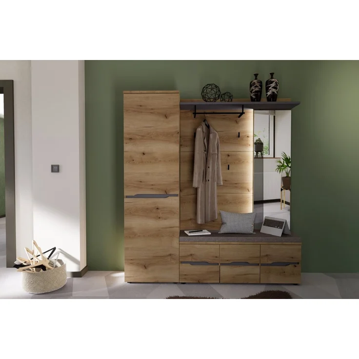 XORA 'FARGO' Wandgarderobe XL-Garderobenpaneel, Holznachbildung Eiche und Graphit, 120 x 149 x 30 cm, mit LED-Beleuchtung – Bild 4