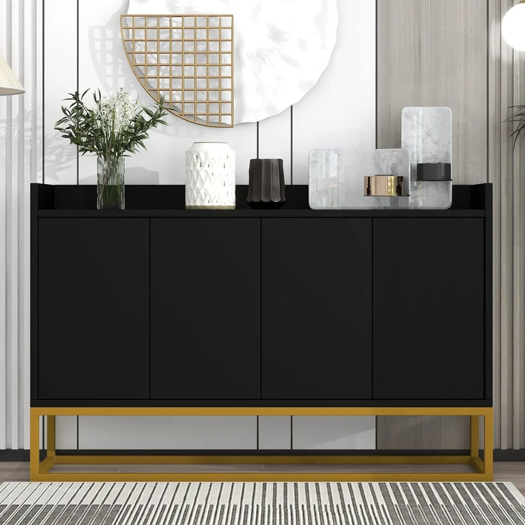 Sideboard mit Metallrahmen, 4 Türen, verstellbaren Regalen und schmaler Bauweise für Küche Wohnzimmer Flur Aufbewahrung,Schwarz – Bild 2