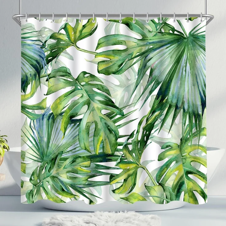 Duschvorhang 240x180cm Grün Blätter Antischimmel Wasserdicht Textil – Bild 1